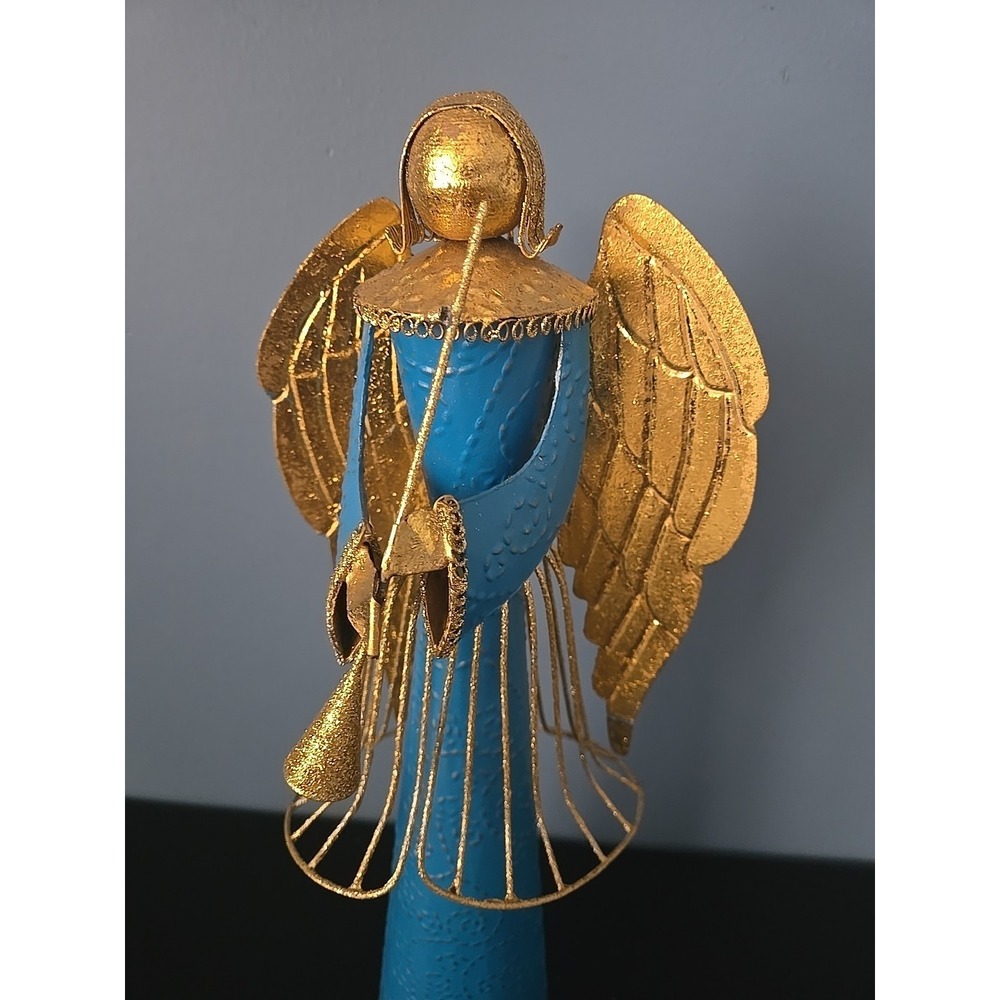 Vtg Metal Angel w/ Horn Blue Gold Christmas Topper 18" Tall